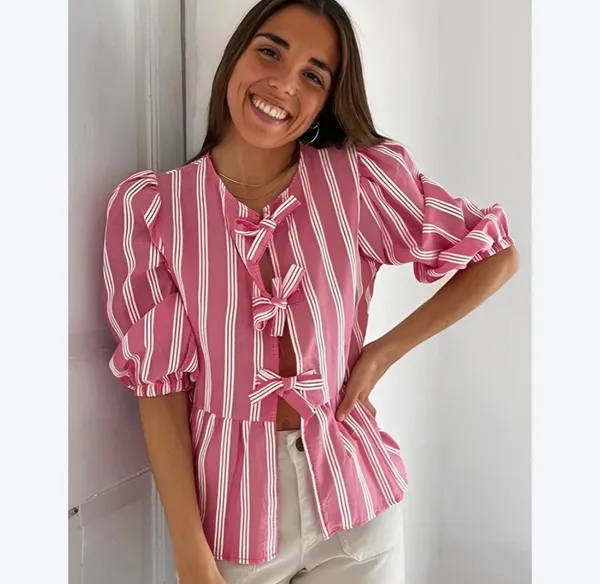SundayUp Pink and White Striped Puff Sleeve Peplum Bow Ties Blouse - Image 4