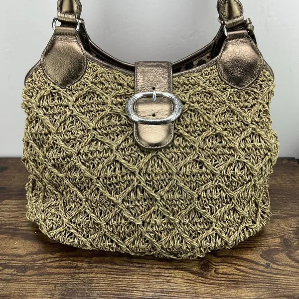 Brighton Woven Jute Gold Leather Buckle Accent Y2K Satchel‎ Purse Vintage - Image 2