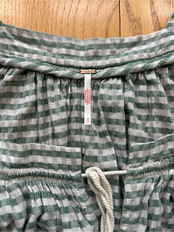 Free People County Line Romper Green Combo XS Oversized Square Neck Gingham Boho - Image 5