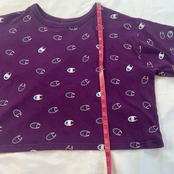 Champion T-Shirt Women's Large Short‎ Sleeve Crop Top Purple All Over Logo Print - Image 5