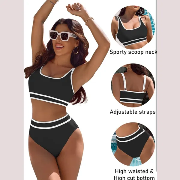 NWOT Black &‎ White Ribbed Colorblock High Waisted Bikini Set - Small - Image 6