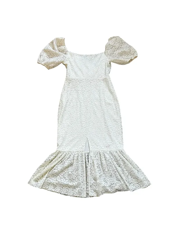 Michael Costello Revolve Cream Lace Midi Dress Puff Sleeve Ruffle Hem Feminine - Image 9