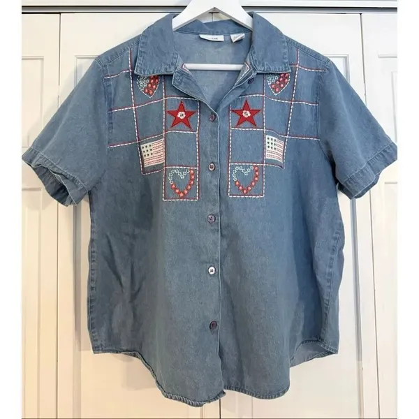 Vintage Ms. Lee denim Americana embroidered button down petite large patriotic - Image 2