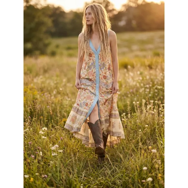 Free People Retro 70s Bohemian Block Print Snap Front Kelso Maxi Dress Large - Image 6