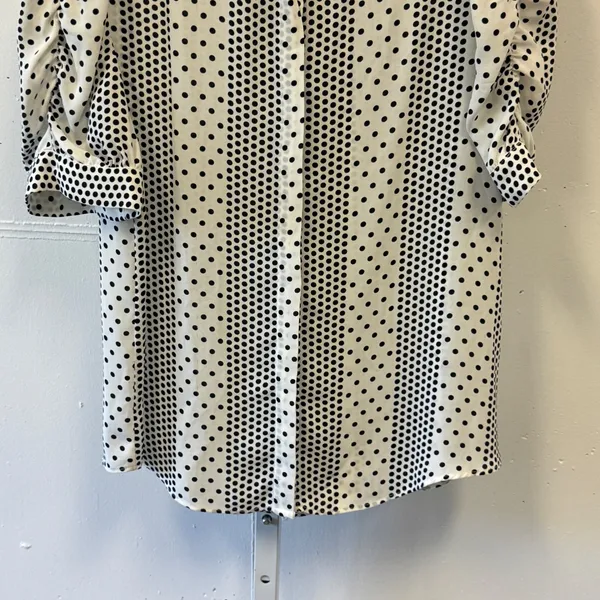 Tahari Womens Polka Dot Striped Blouse Black White Ruched Puff Sleeve Medium - Image 4