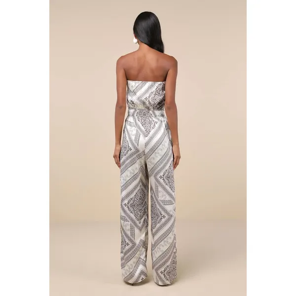 NWT Lulus Western Direction Ivory Scarf Print Satin Strapless Jumpsuit Cruise L - Image 3