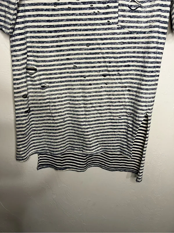 We The Free People Tommy Destroyed Blue White Striped Grunge Edgy Tshirt‎ - Image 4