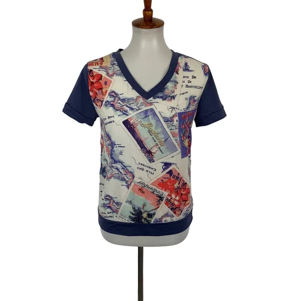 Peter Som Design Nation Top XS Short Sleeve Blue Printed Artsy Modern - Image 2