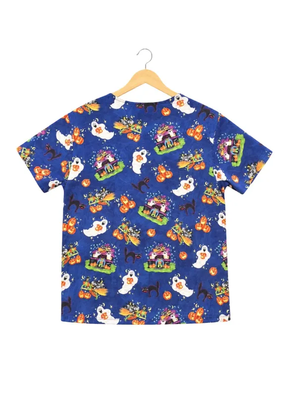 Vintage 90’s Halloween Scrub Top Small Haunted House Ghost Pumpkin Witch V-Neck - Image 3
