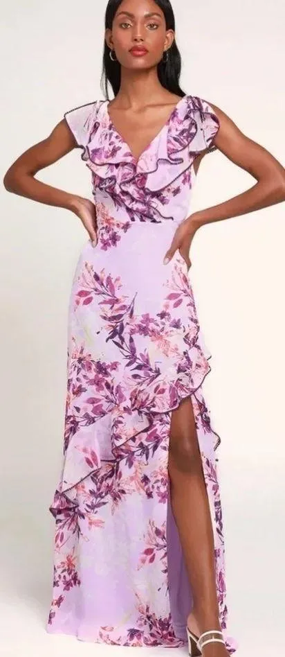 Lulus Sammi Lavender Floral Print Ruffled Surplice Maxi Dress Romantic NWT XS - Image 4