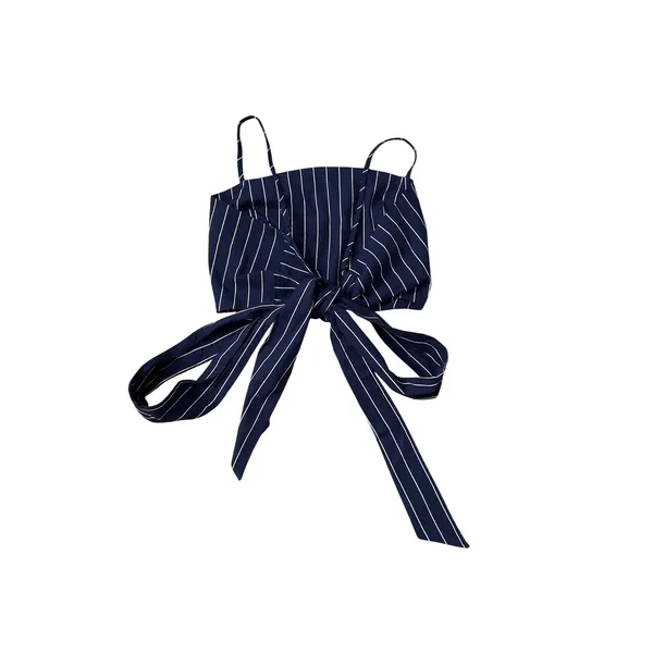 WAYF Navy Blue Pinstripe Tie Back Crop Top Linen Blend Spaghetti Strap - Image 4