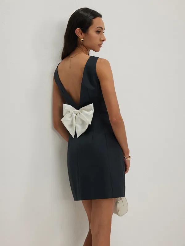 Commense Preppy Bow Backless Tank Charcoal Gray Minimalist Dress NWT Large - Image 2
