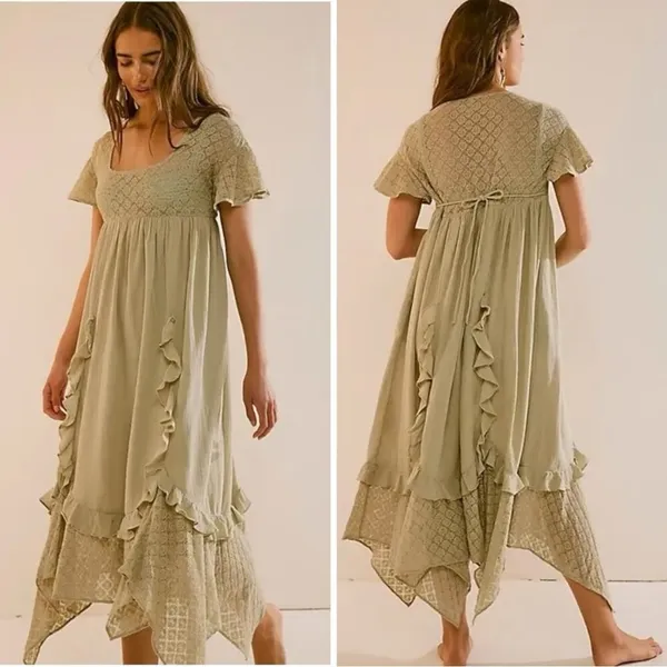 Free People Ethereal Bohemian Bring The Romance Maxi Dress Stone Moss Large - Image 4