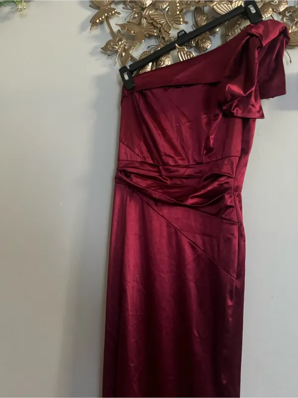 Honey and Rosie One-Shoulder Satin Dress in Burgundy - Image 3