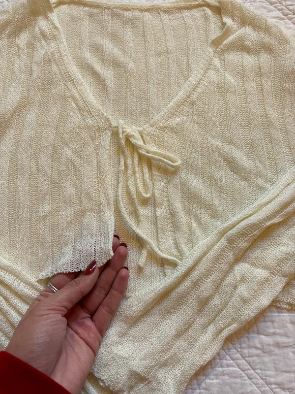 Knit Crochet Tie White Cardigan - Image 2