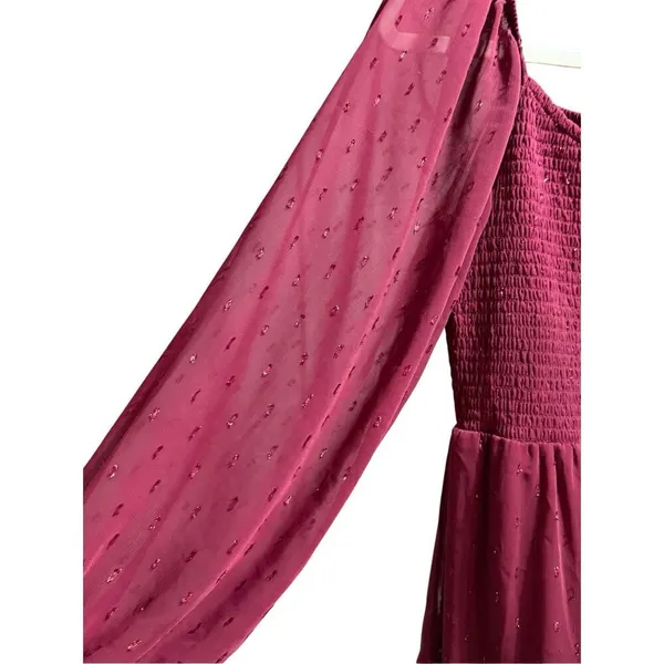 Altar’d State Women’s Vibrant Burgundy Babydoll Tiered Long Sleeve Dress Sparkle - Image 9
