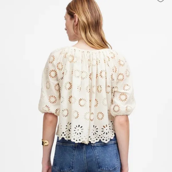 Madewell‎ Top Womens 2XS Embroidered Shirred Puff Sleeve Eyelet Cream NV195 - Image 3