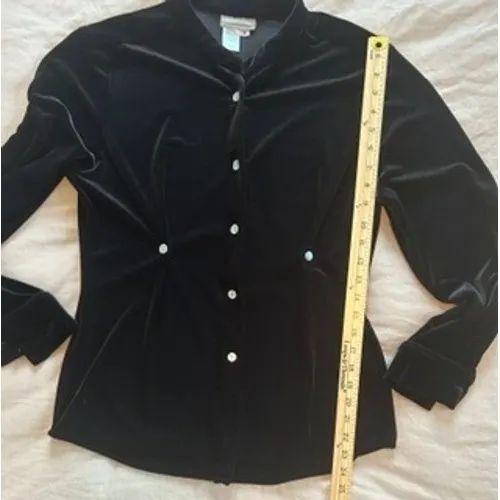 Coldwater Creek Black Stretch Velvet Button Down Mock Neck Top Small - Image 2