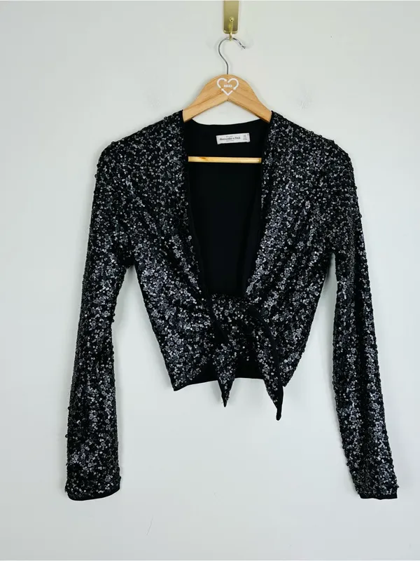 Abercrombie & Fitch black sequin tie front long sleeve crop top or jacket. XS - Image 2
