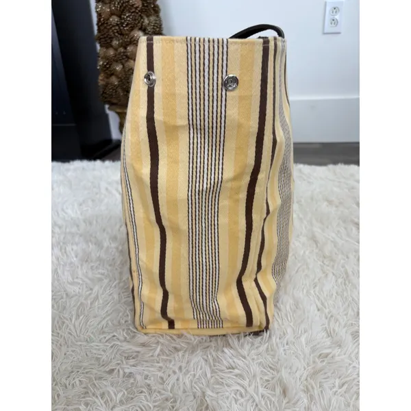 Restoration hardwareStriped Canvas Tote Bag Large Yellow Brown Snap Closure‎ - Image 3