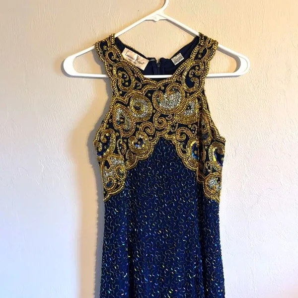 Vtg Laurence Kazar Halter Beaded embellished silk formal gown dress blue gold‎ L - Image 2