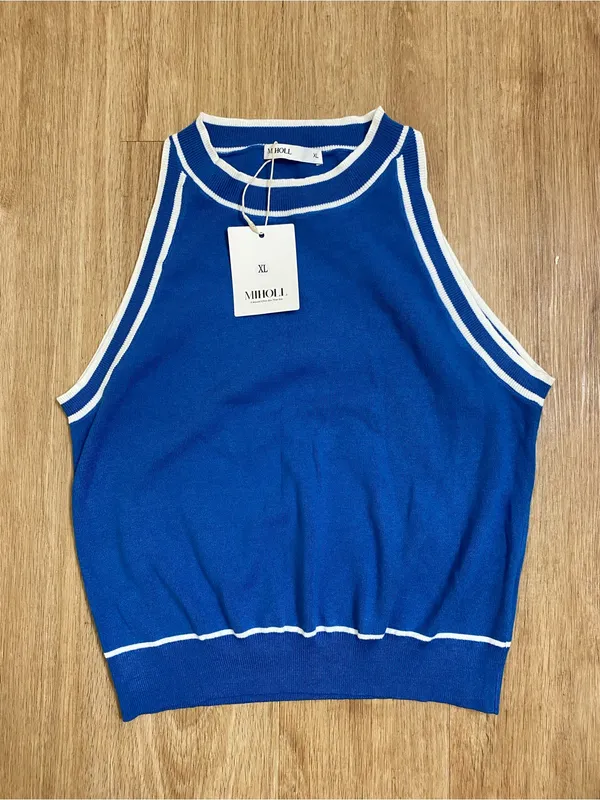 Sleeveless Ribbed Tank Top in Bright Blue with White Trim - Image 2
