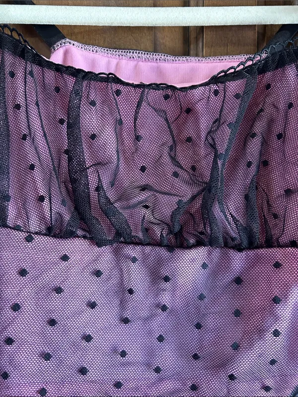 🌸SHEIN Coquette Pink & Black Polka Dot Mesh Ribbon Tie Crop Top Y2K L - Image 3