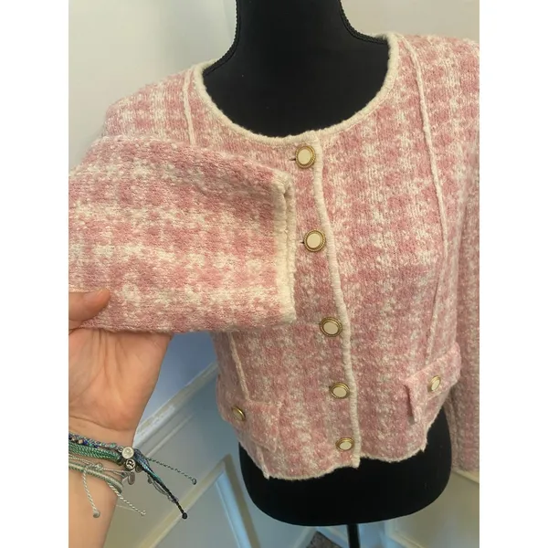& Other Stories Pink and White Tweed Knit Cropped Cardigan Jacket Button Front - Image 3