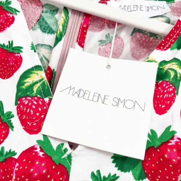 NWT Madeleine Simon Womens Strawberry Print Ruched Cottagecore Mini Dress XS - Image 4