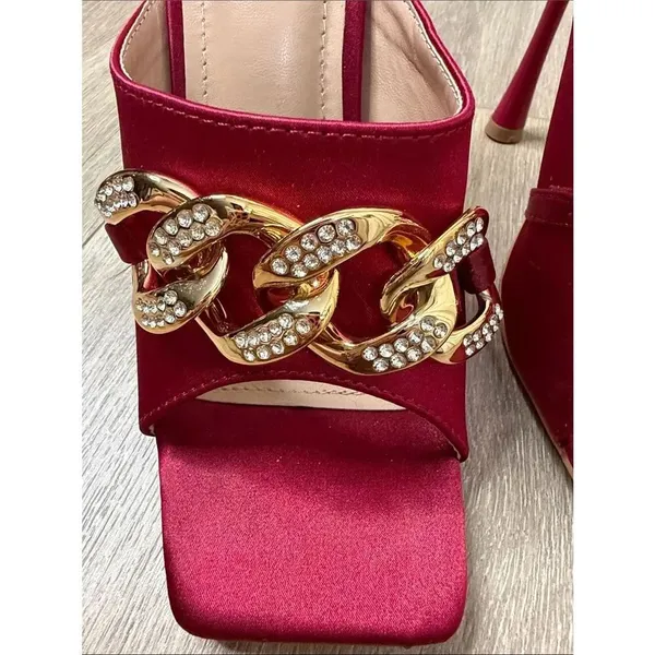 Cape Robbin Disteny Brick Red Satin Slide Mules with Gold Crystal Chain - Image 6