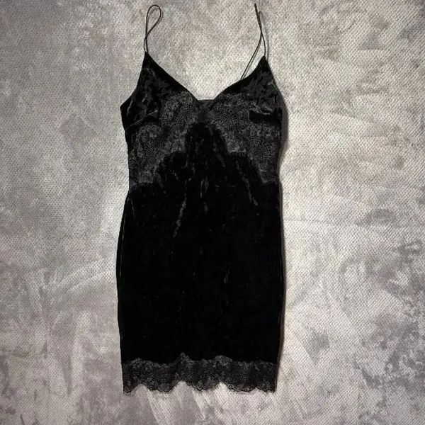 Topshop Black Velvet Lace Trim Slip Dress Mini Spaghetti Strap Party Dress US 6 - Image 2