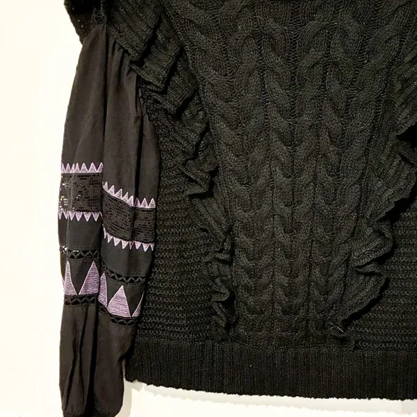 By Anthropologie Black Ruffle Cable-Knit Sweater Balloon‎ Sleeve Size Small - Image 3