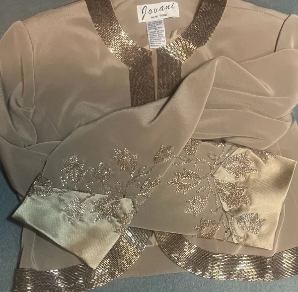 Jovani New York Beaded 2-Piece Evening Gown and Bolero Jacket Set, Taupe - Image 11