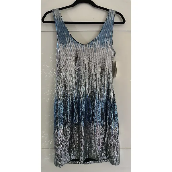 As You Wish Mini Bodycon Blue Silver Hombre Sequin Sexy Cocktail Club Dress Sz L - Image 2