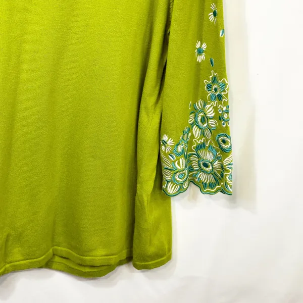Bob Mackie Large Top Green Floral Embroidered‎ Sweater Bell Sleeve Fairy 1814 - Image 5