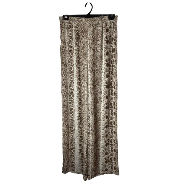 PrettyLittleThing Pants Women‎ 10 Brown Ivory Snake Print Wide Leg High Rise - Image 2