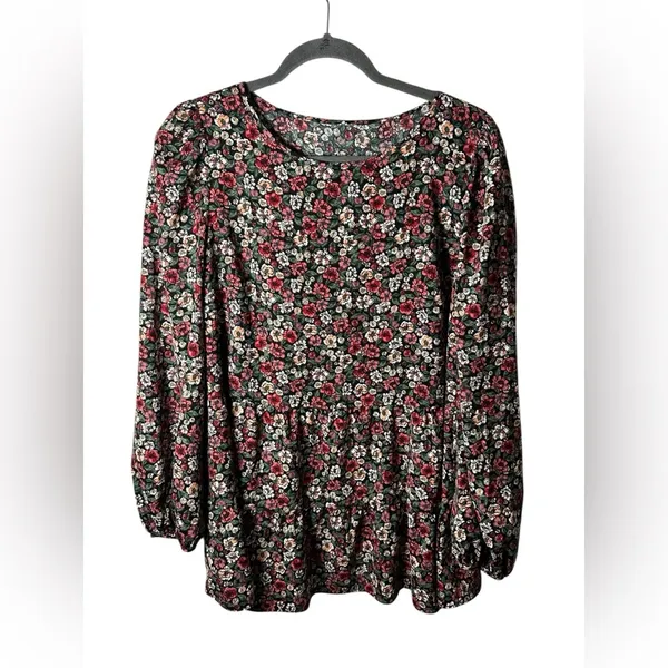 Primark Floral Peplum Blouse Long Sleeve Black Red Green Women’s Size 10 (L)‎ - Image 2
