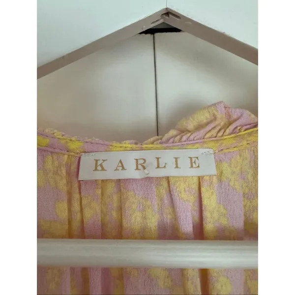 Karlie pink and yellow ruffle sleeve tassel tie top large - Image 3