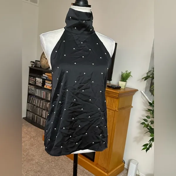 Ann Taylor Satin Top High Neck Pearl beads Sleeveless Office Work Goth NWT Sz S - Image 2