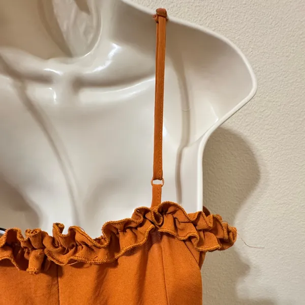 IRIS Rust Orange Ruffle Mini Dress Size M – Boho Flowy Summer - Image 5
