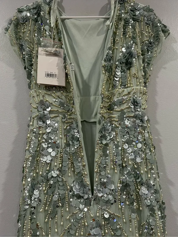 Mac Duggal 94150 Green Embellished Cap Sleeve Midi Dress sz 2 - Image 9