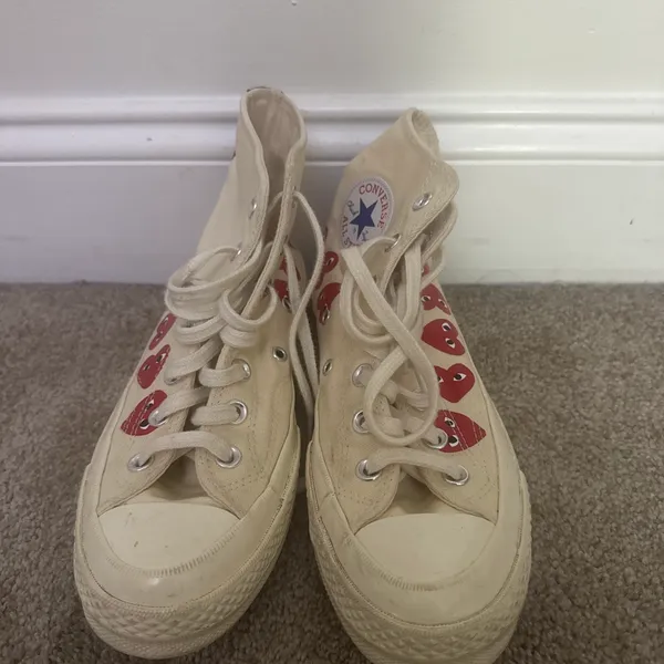 Creme Off White Converse Chuck Taylor All Star high top sneakers with red heart-shaped eyes #converse #hearts - Image 3