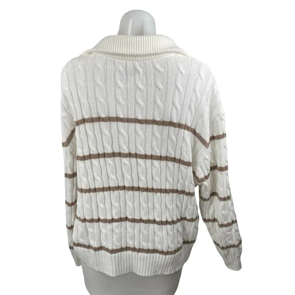Hollister Womens White Brown Cable Knit 1/4 Zip Collared Polo Sweater Top Size S - Image 4