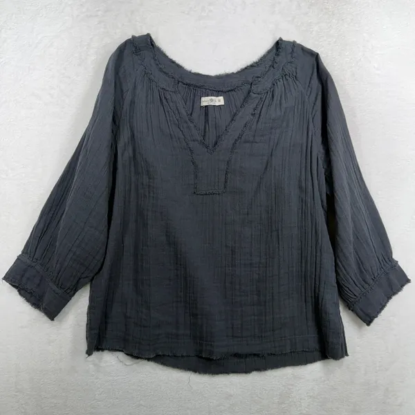 Natural Life Size M Top Robyn Double Gauze Cotton Fringe Split Neck Boho Blouse - Image 3