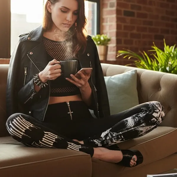 Widow Dolls Kill Black White Feeding Time Goth Cross Zipper Closure Leggings‎ - Image 2