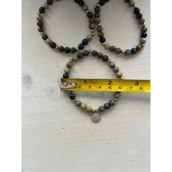 Beaded Stretch Bracelet Set Natural Stone Gray‎ Brown Gold Charm Boho Stacking - Image 5