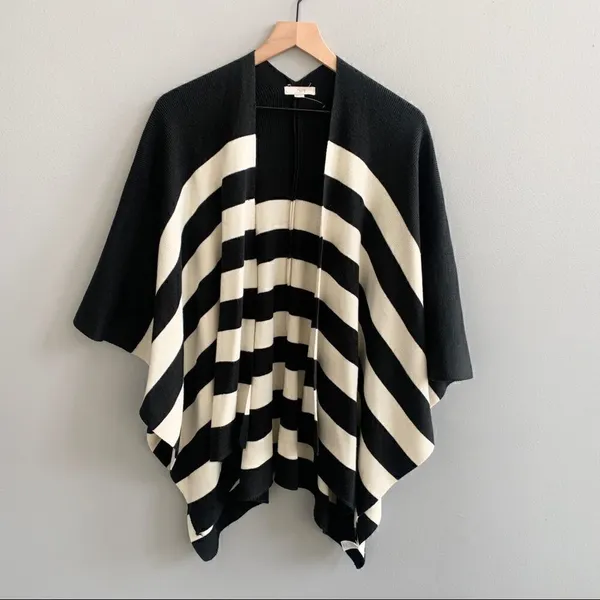 LOFT Striped Knit Sweater Poncho Cape Shrug Cardigan Black White Stripes XS/S - Image 2