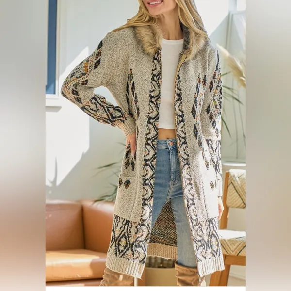 Northern angle ON BLUE AZTEC LONG CARDIGAN fur hooded SWEATER WESTERN BOHO.SZ L - Image 4