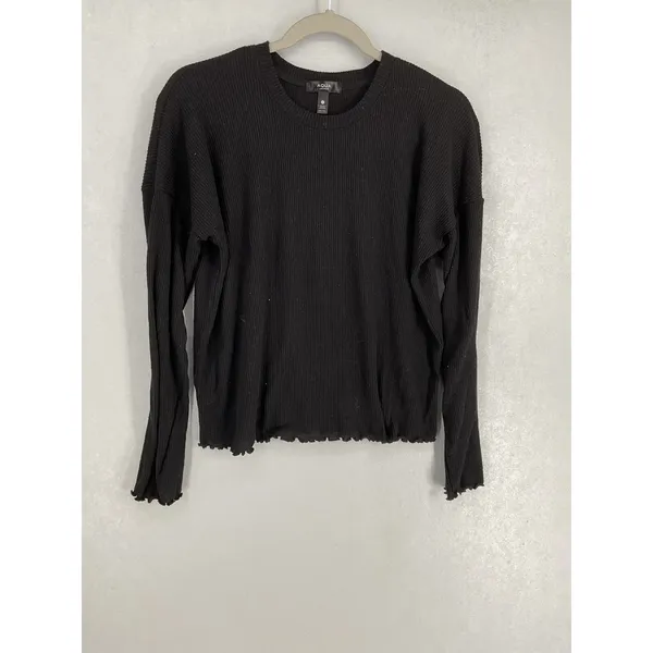 Aqua Lounge Womens Ribbed Long Sleeve Lettuce Edge Top Black S - Image 2