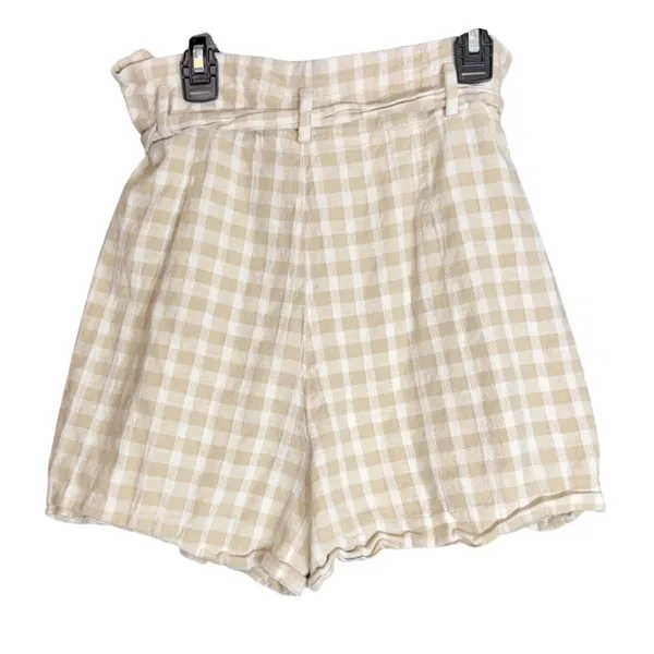 Zara Womens Size Large Beige Gingham Paperbag Waist Linen Blend Shorts Tie Belt - Image 3